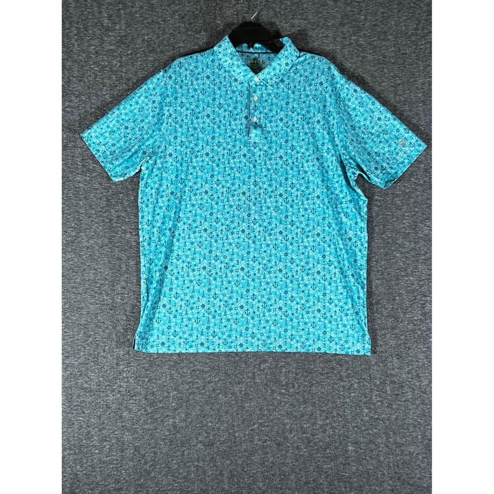 Maelreg Mens XL‎ Performance Polo Turquoise Nautical Anchor Lighthouse Print